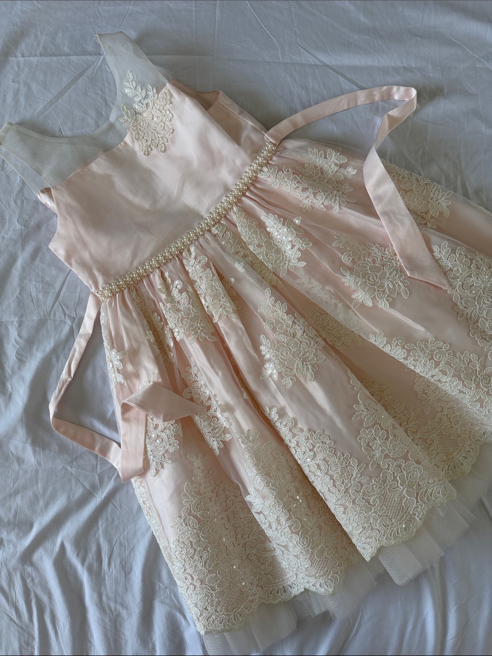 American Princess Blush Pink Lace Tulle Flower Girl Dress with Pearl Belt fancy